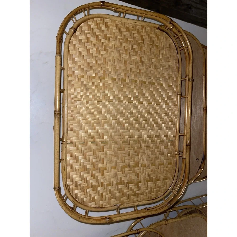 Vintage Mid Century Wicker Rattan Bamboo‎ Serving Trays Tiki Lap Stacking- 8